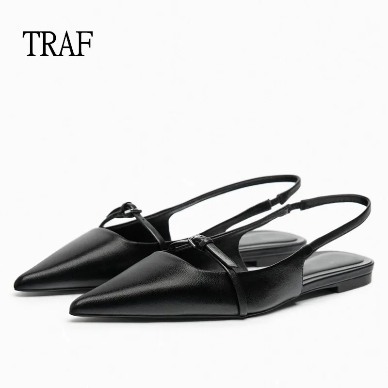 Sandálias Traf Woman Woman Sapatos de couro pontiagudos pretos slingbacks casuais de boca rasa de mulheres solteiras 230417