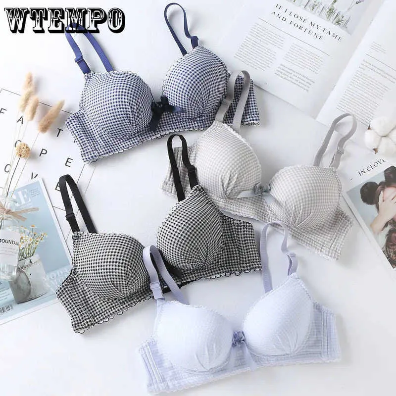 Bras Plaid Bra Set Women Sexy Push Up Lace Bralette Backless Lingerie Set Mesh Wire Free Girls' Underwear Gathers Thin Lace Bows Bra P230417