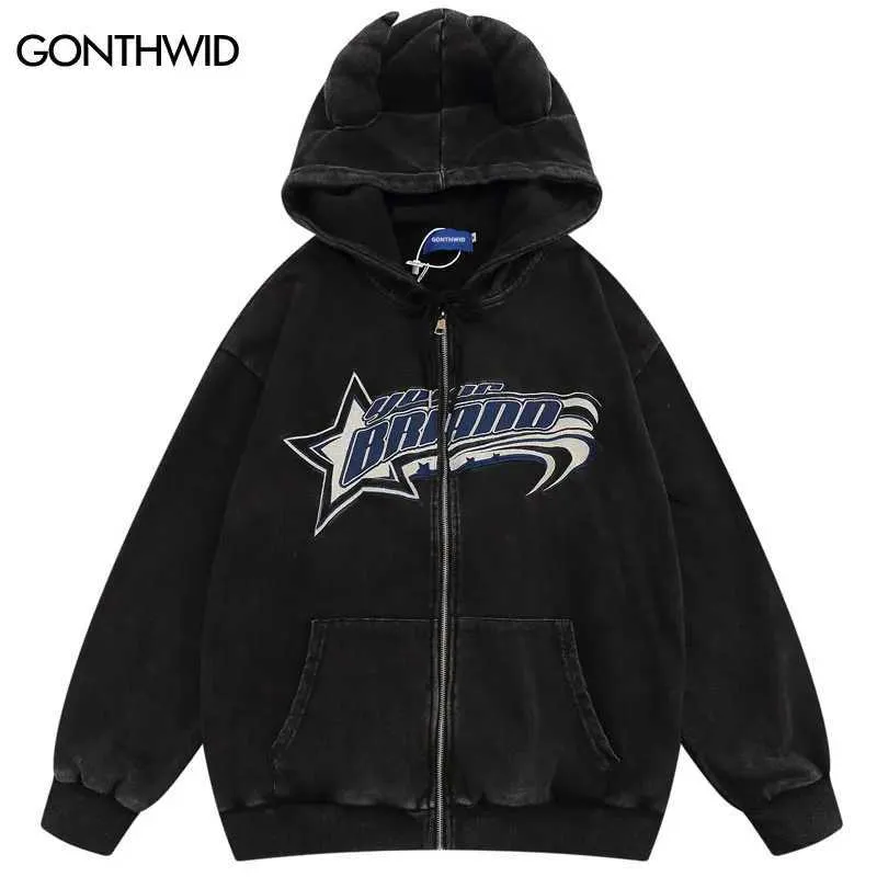 Men's Hoodies Sweatshirts Vintage Devil Horns Zipper Hoodie Coat Streetwear Hip Hop Embroidery Star Letter Washed Hooded Sweatshirt Harajuku Loose Jacket J231116