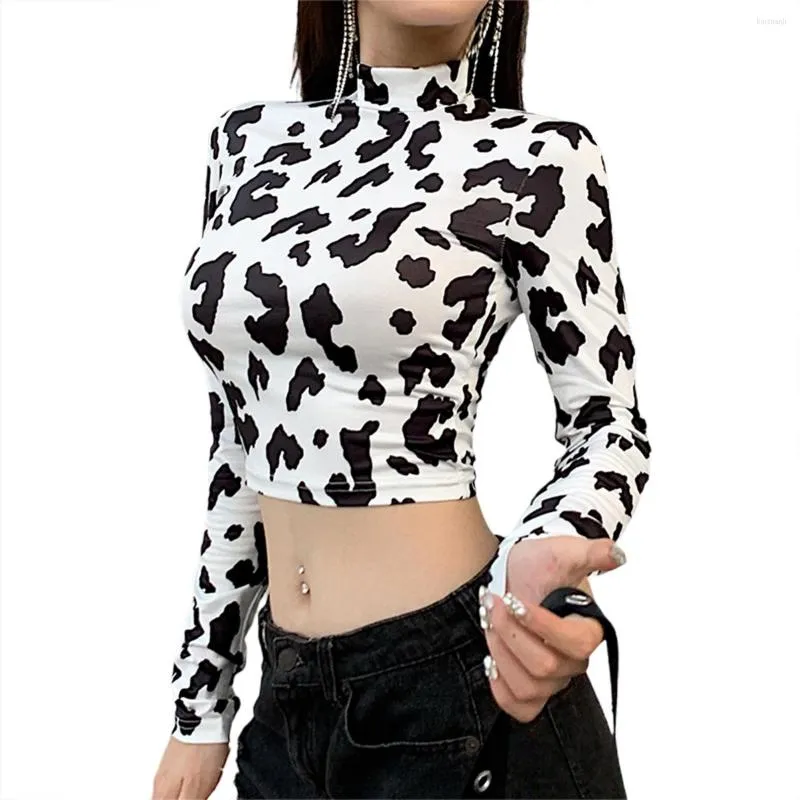 T-shirt da donna Top corto sexy da donna dolcevita a maniche lunghe vestibilità slim camicetta corta con stampa leopardata Femme Tees Abbigliamento