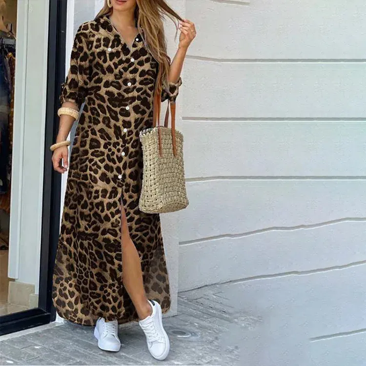 Podstawowe sukienki przypadkowe impreza Vintage Leopard Robe 2023 Autumn Long Rleeve Maxi Vestidos Dress Modna Koszula Kobieta 1 231117
