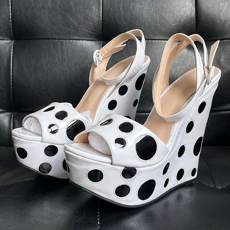 Olomm Handmade Women Summer Platform Sandals Polka Dot Wedges Heels Open Toe Gorgeous Black Party Shoes Ladies Size 35-47