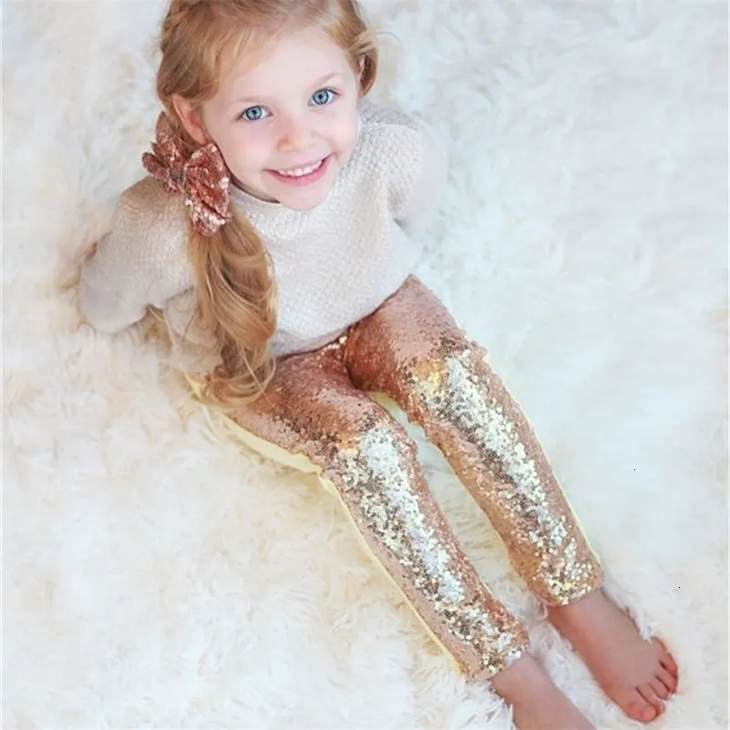 Tjejer Paljettbyxor Rose Gold Paljettleggings Sparkle Byxor Glitterleggings flickas paljettunderdel LJ200831