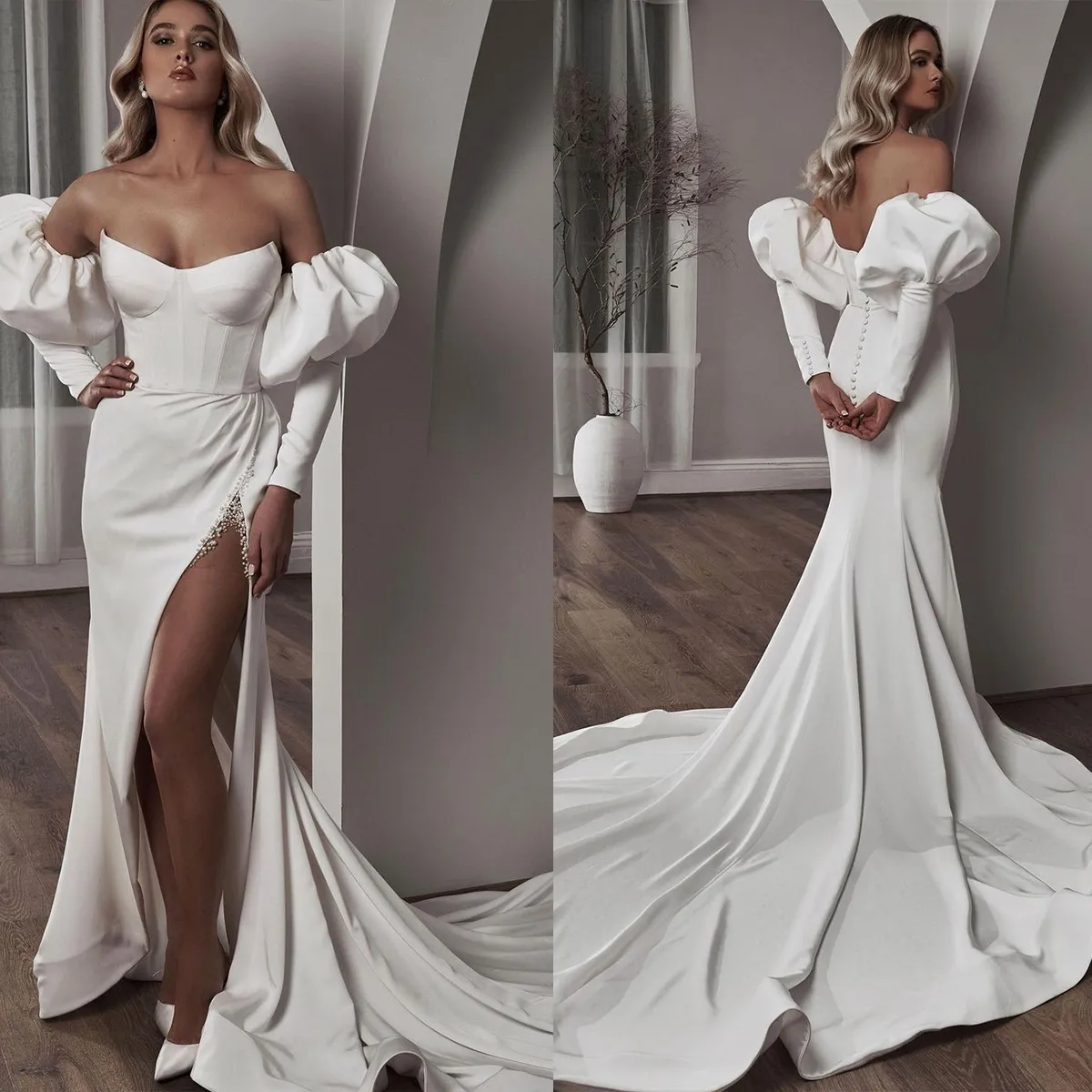 Gorgeous Mermaid Wedding Dresses Strapless High Side Split Design Pleats Backless Zipper Chapel Gown Custom Made Plus Size Bridal Gown Vestidos De Novia