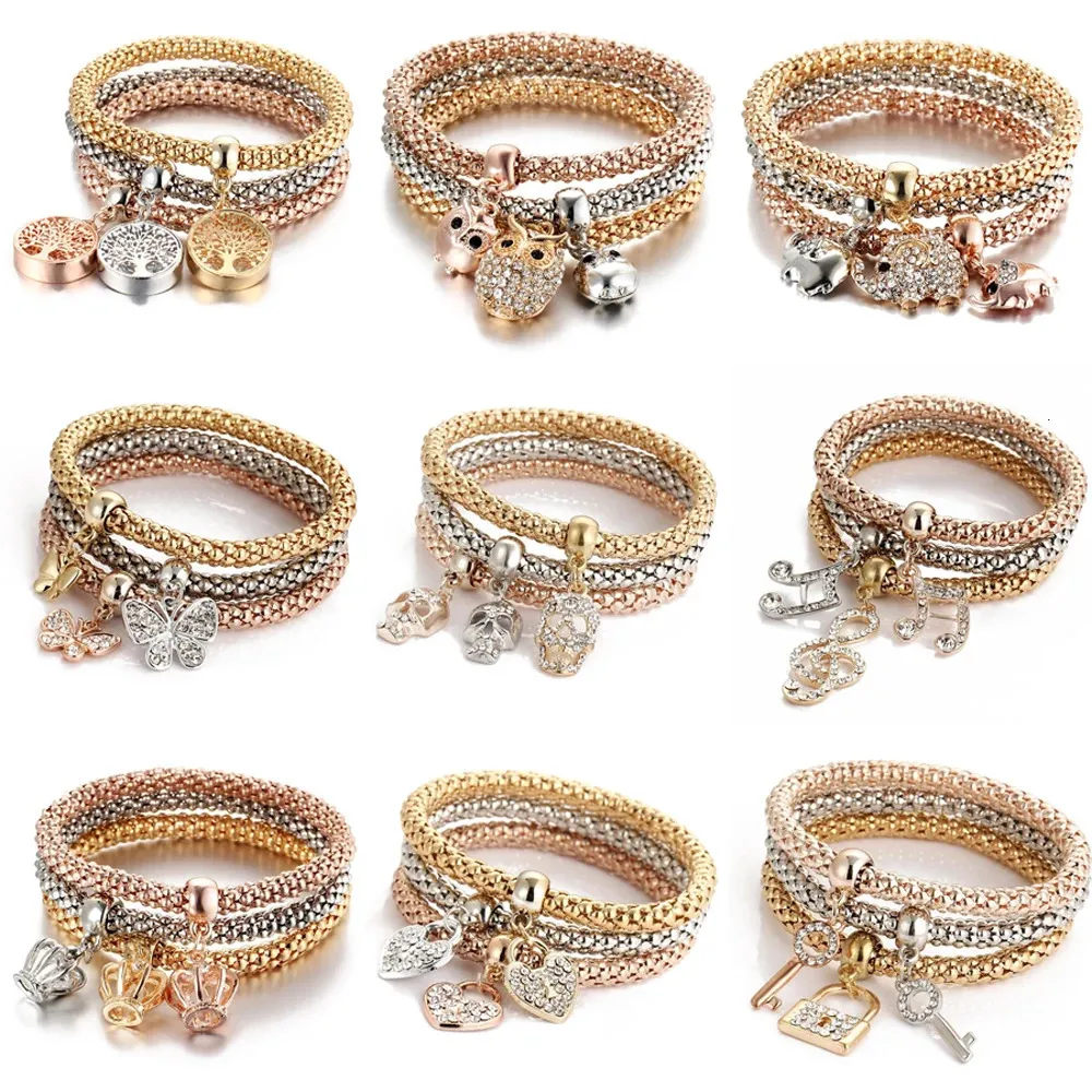 Chain 3Colors Liv Tree of Life Elastic Armband Set For Women Crystal Owl Key Lock Music Note Butterfly Heart Charm Bangle Jewelry 231117