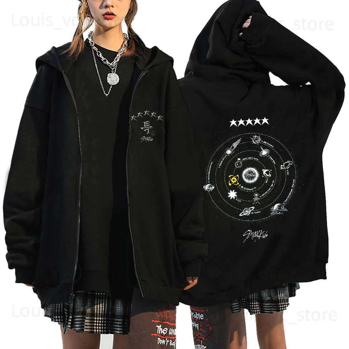 BaeKnyin Stray-K1ds Felpa con Cappuccio Domin Ate Felpa Zip Sportiva Y2K E- Girl Maglie Gotico Harajuku Giacche XS,Black1-1