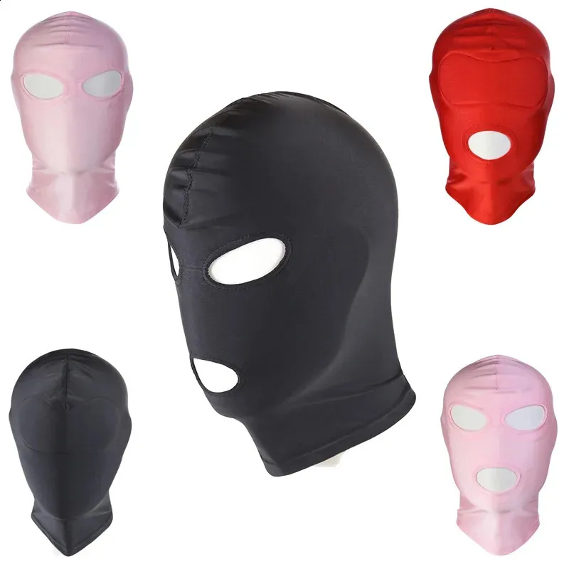 Giocattoli per adulti Spandex Lycra Testa Cappuccio Maschera BDSM Restrizioni Bocca aperta Occhi Copricapo Gioco di ruolo Gioco per adulti Schiavo Giocattoli sessuali per uomini Donne 231116