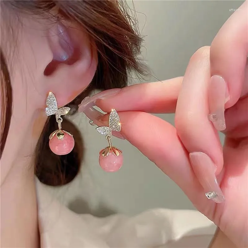 Dingle örhängen koreansk söt rosa opal körsbär dropp flickor glänsande zirkonfjäril för kvinnor 2023 trend bröllop smycken