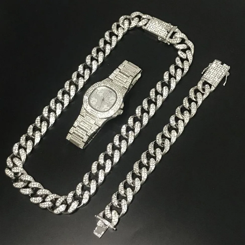 Hip Hop Mannen Zilveren Ketting Kristal Miami Chain Mannen Horloge Ketting Armband Combo Set Ice Out Cubaanse Ketting Hip Hop voor Men219T