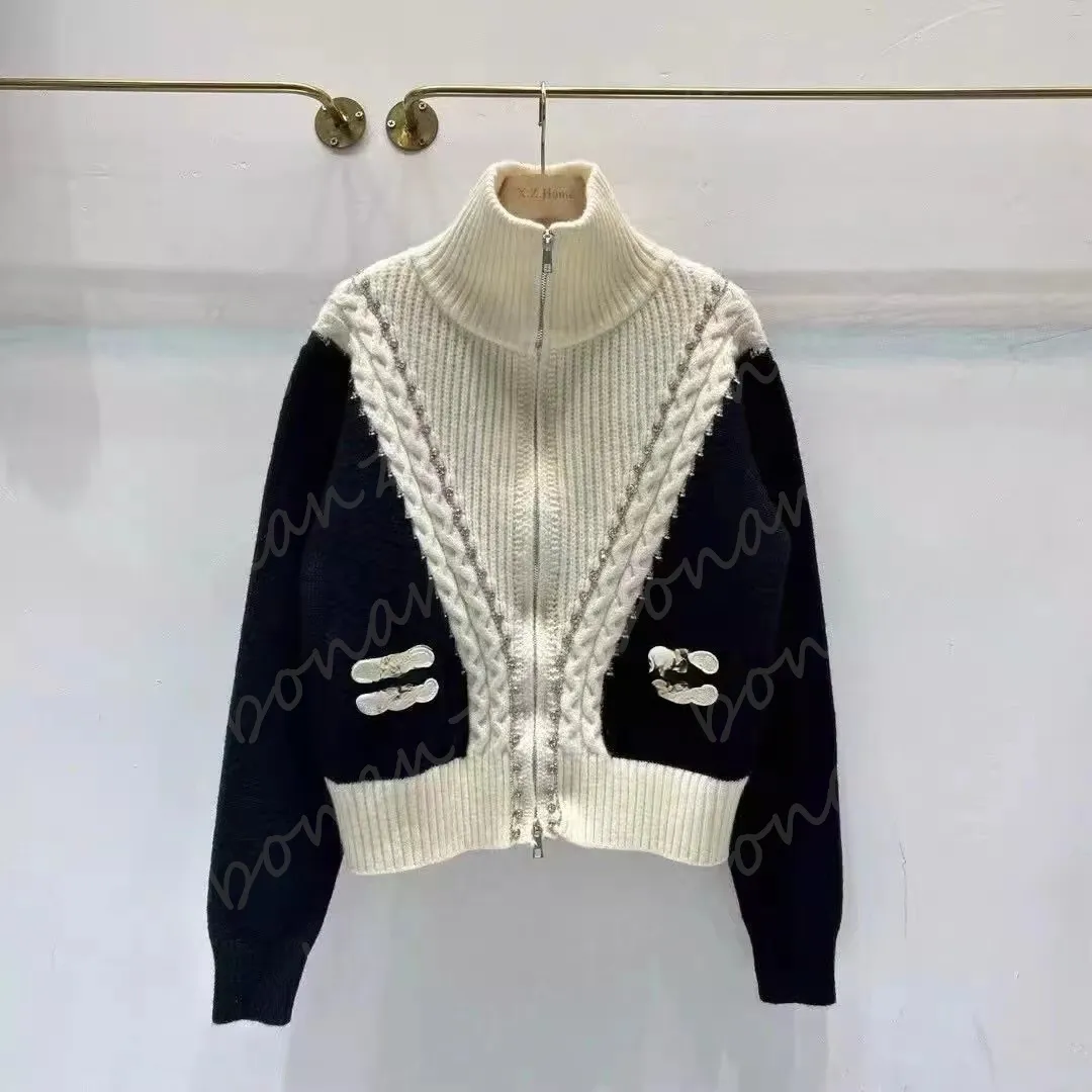 Autumn and Winter Standing Collar Contrast Knitted Women's Jacket