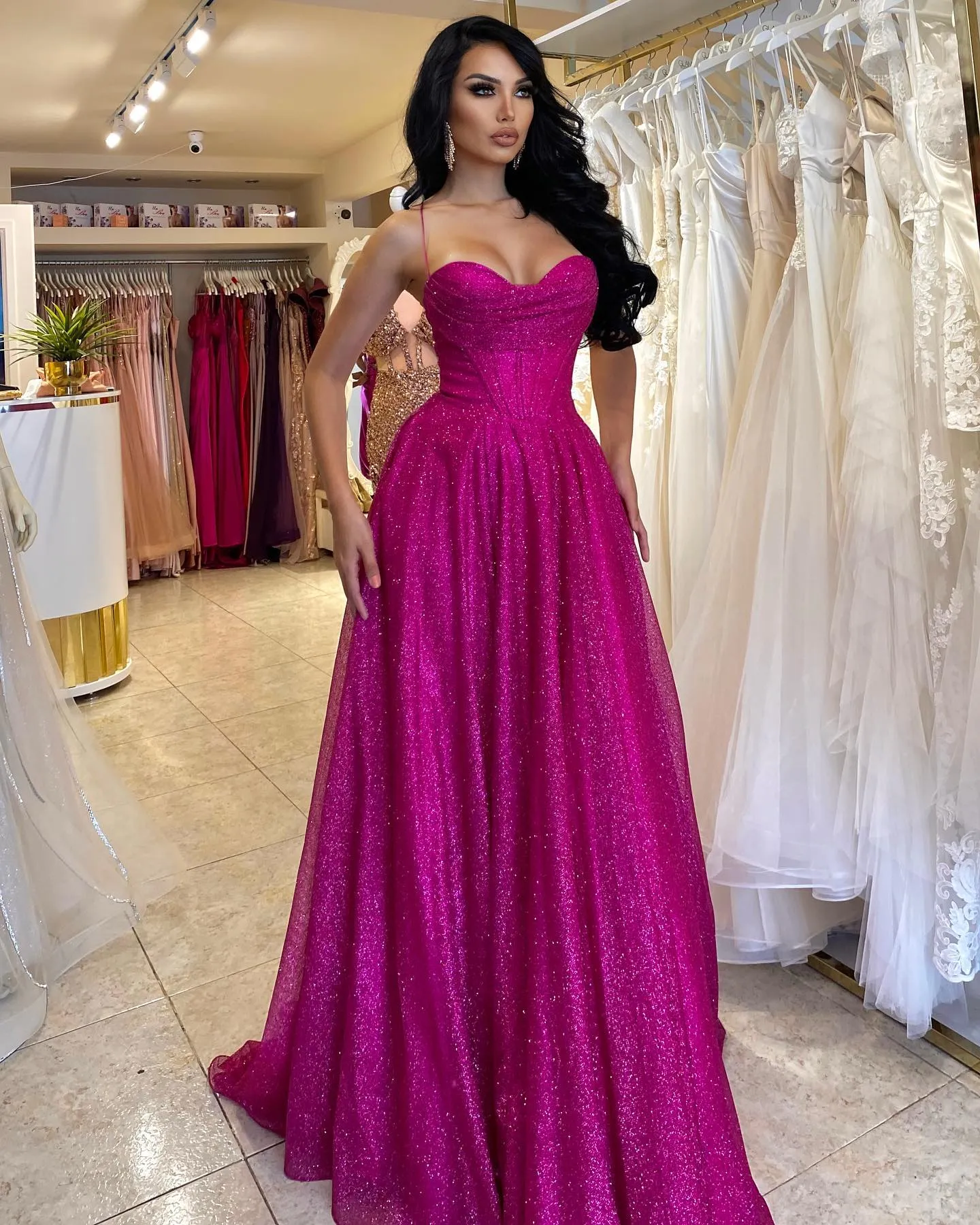 Fuschia A Line REM Dresses Donę dla kobiet cekiny paski spaghetti Sweetheart High Side Split Długość podłogi Formalna impreza wieczorna B266Y