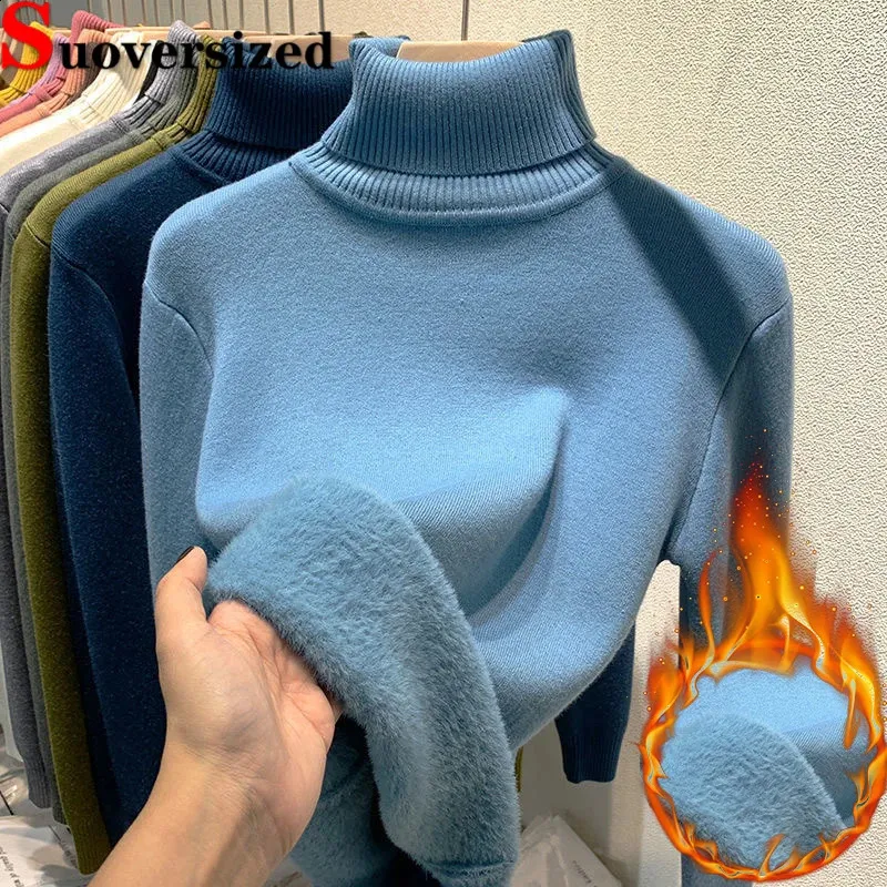 Sweats à capuche pour femmes Sweatshirts en peluche doublé hiver pull à col roulé chaud mince à manches longues maillots hauts épaissir doux tricoté pull coréen femmes basique pull 231116