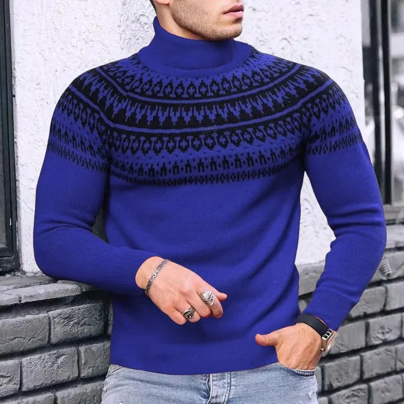 Męskie swetry Slim Fit Turtleeck Men Autumn Winter Vintage Wzór wydrukowany z długimi rękawami Tops do mody Sweter 231116