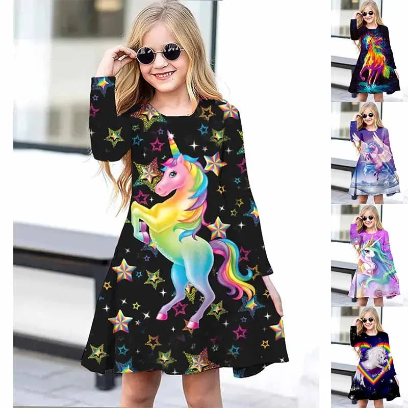 Girl s Dresses 2023 Spring Round Neck Animal Printing Dress Little Girl Long Sleeve Skirt Retro Loose Knee Length Everyday Midi 231117
