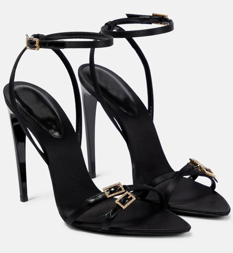 2023 Été Sexy Jerry Femmes Sandales Chaussures Orné De Cristal Noir Satin Boucles Sangle Talons Hauts Noir Lady Sandalias Robe De Mariée EU35-43