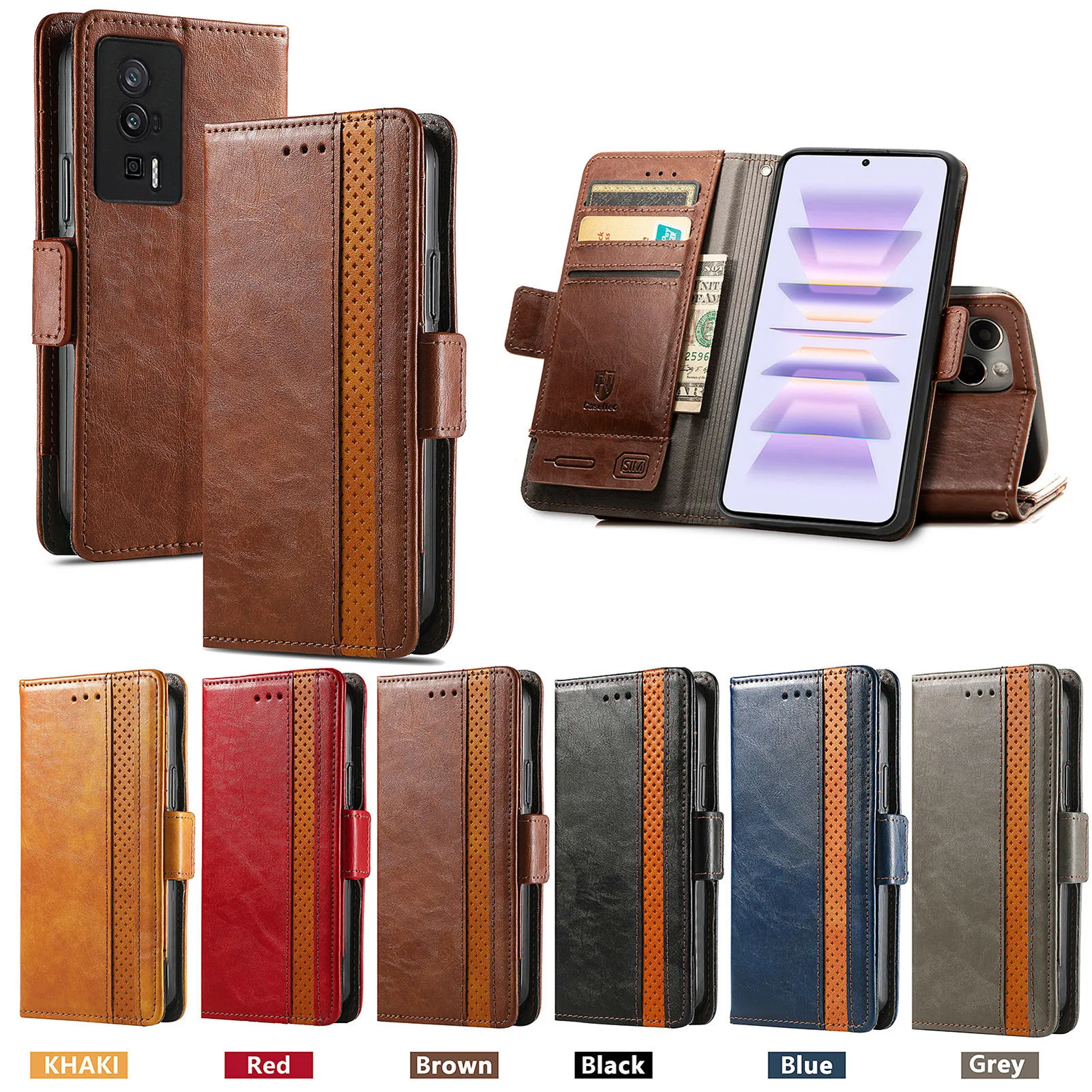 Fundas de billetera de cuero de color de contraste híbrido para Xiaomi 13 Lite Ultra Pro POCO X5 Samsung A54 5G A04E A34 A24 M14 F14 M54 Business Flip Cover Tarjeta de crédito Ranura para tarjeta