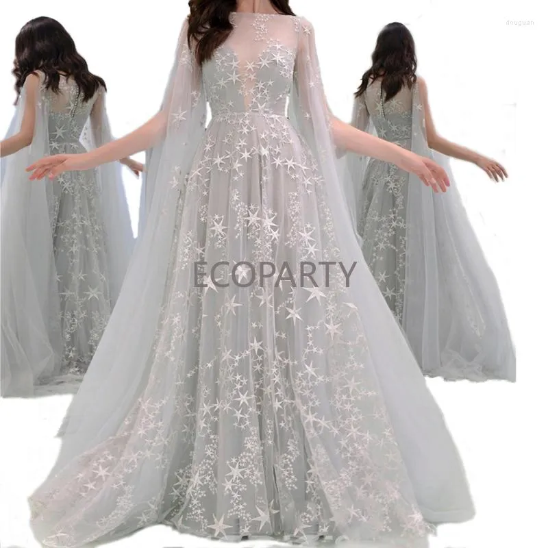 Casual Dresses Grey Elegant Maxi Evening Party Dress 2023 Women Star Mesh Tulle Floor Length Robe Fairy Bride Wedding Prom Gown Vestido