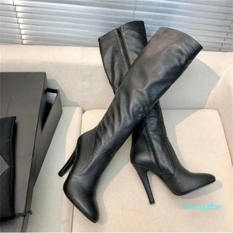 Designer Calfskin Leather Long Shoes For Women With Almond Toe Factory