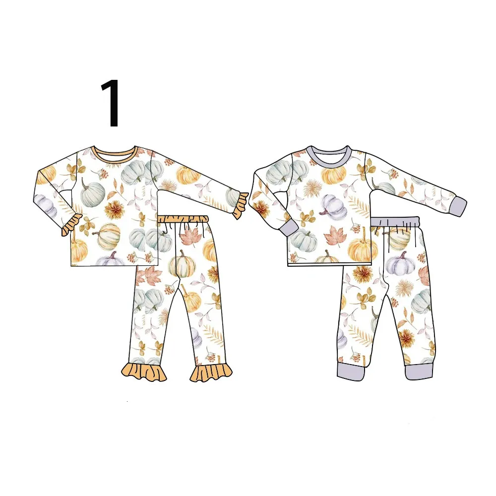 Pyjama-Design, Halloween-Pyjama-Set für Jungen und Mädchen, Kürbismuster, Langarm-Hosen, 2 Sets Bruder- und Schwester-Pyjama-Set 231117