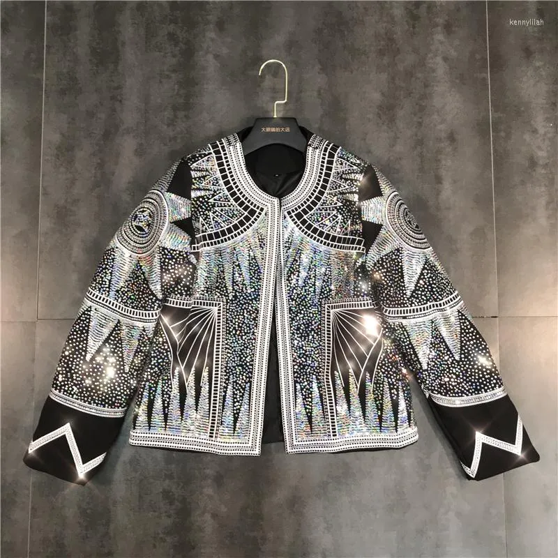 Women's Jackets Women Shiny Jacket 2023 Fashion Silver Sequins Geometric Bomber O-neck Nationality Embroid Coat Casual Outerwear Female