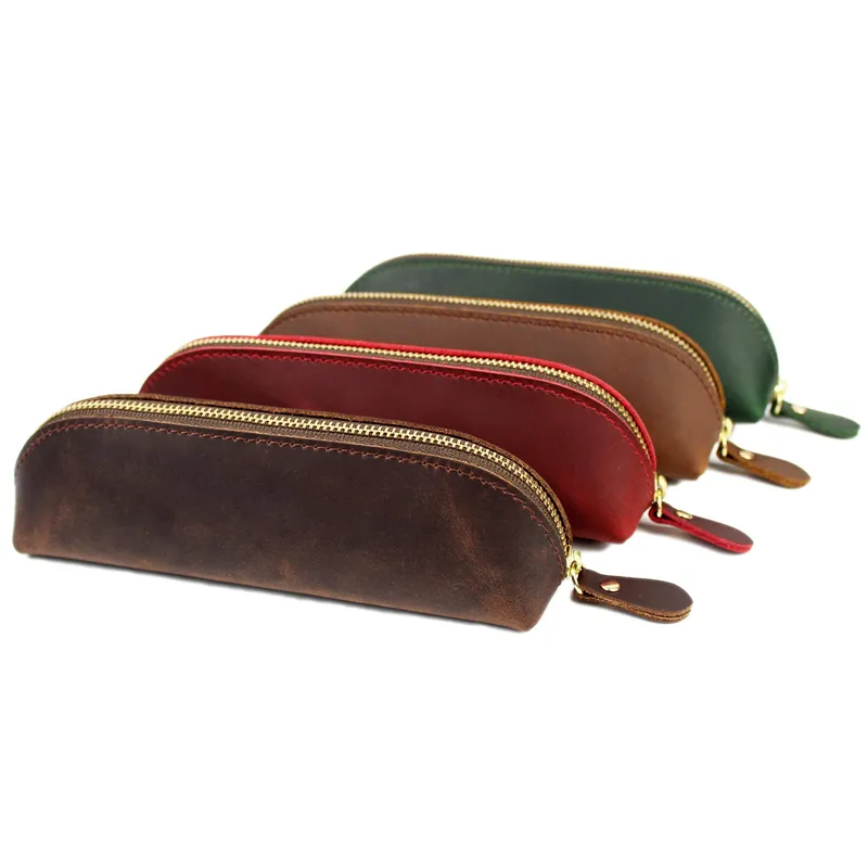 Pencil Bags 5 PCS Vintage Leather Pencil Case Cowhide Fountain Pen Box Makeup Brush Pouch Holder School Office Stationery Bag Wholesale X2 230417