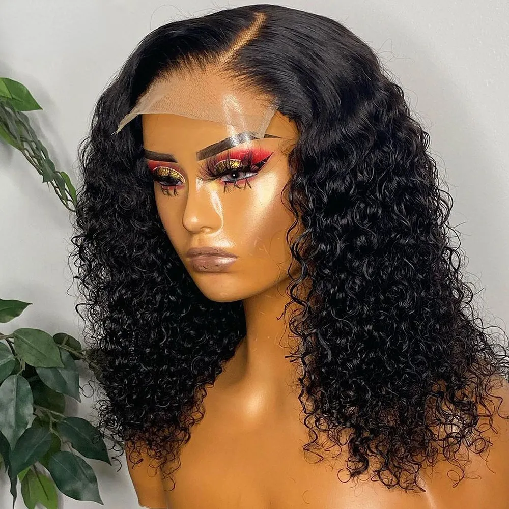 Brazylijska Remy wstępnie spięta Kinky Curly 13x4 Koronkowa peruka Krótka Bob Symulacja czołowa peruki ludzkie włosy Krótkie Jerry Curly z grzywką