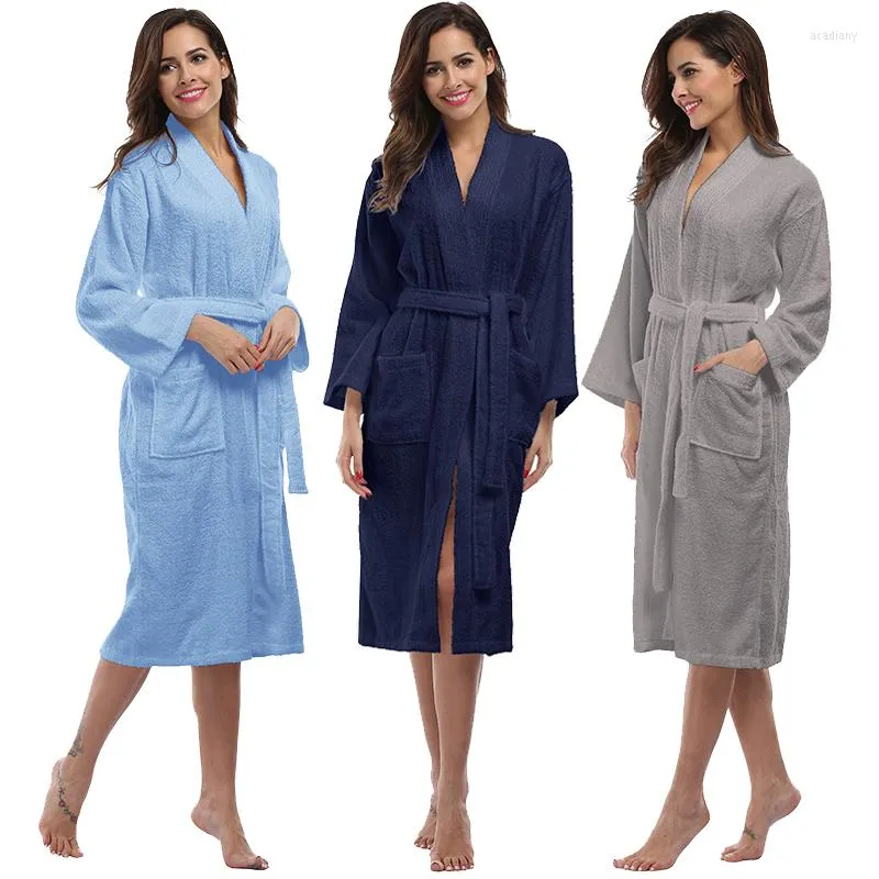 Women's Sleepwear Witbuy Autumn Winter Women's Turkish Cotton Robe Solid Terry Cloth Kimono Bathrobe With Pockets Long Sleeve Warm