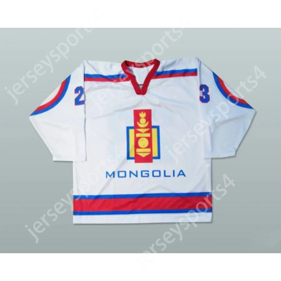Custom WHITE 23 MONGOLIA NATIONAL TEAM HOCKEY JERSEY NEW Top Stitched S-M-L-XL-XXL-3XL-4XL-5XL-6XL
