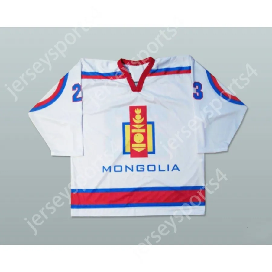 Anpassad White 23 Mongoliet National Team Hockey Jersey New Top Stitched S-M-L-XL-XXL-3XL-4XL-5XL-6XL