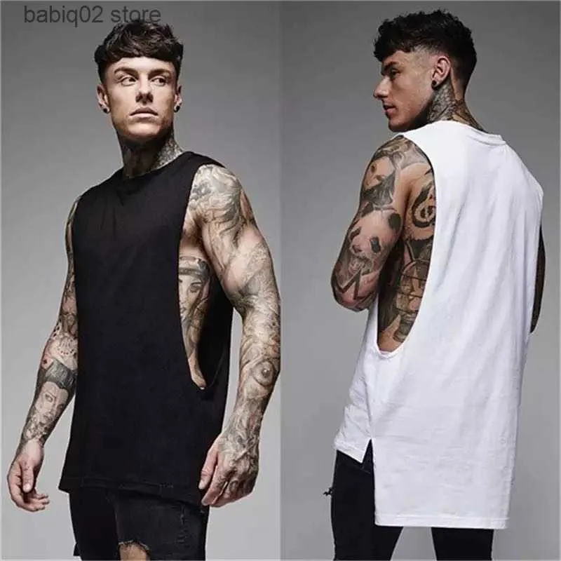 Men's Tank Tops Mens Casual Fashion Tank Top Gym Fitness Workout Cotton Sleeveless Shirt Summer Clothing Male Extend Long Singlet Hip Hop Vest T230417