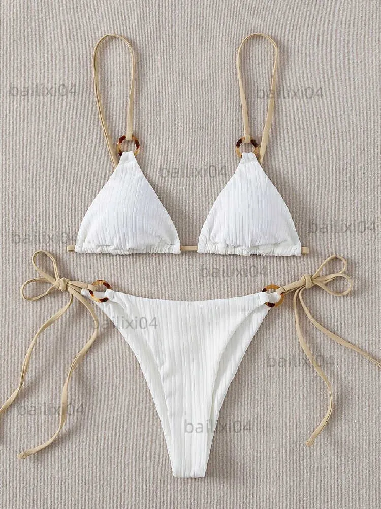 Maillots de bain pour femmes 2023 Sexy Bikini Set Mignon Blanc Plaine Anneau Lié Spaghetti Strap Triangle String Biquini Maillot De Bain Maillots De Bain Femmes Maillot De Bain B0 T230417