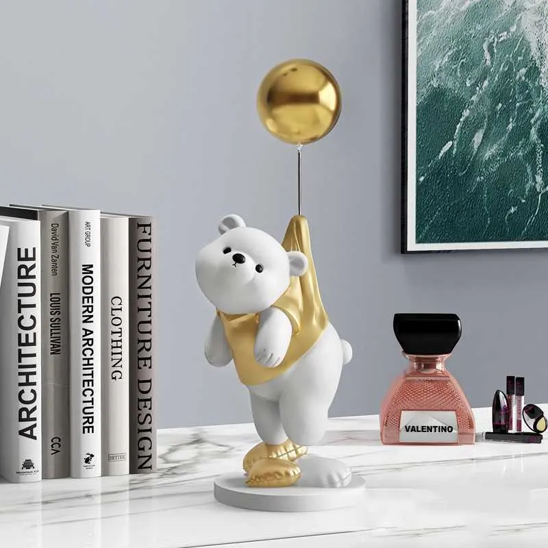 Decorative Objects Figurines Statue Desing Home Ornaments Balloon Flying Bear Sclupture Resin Figurine Table ation home Room Y23