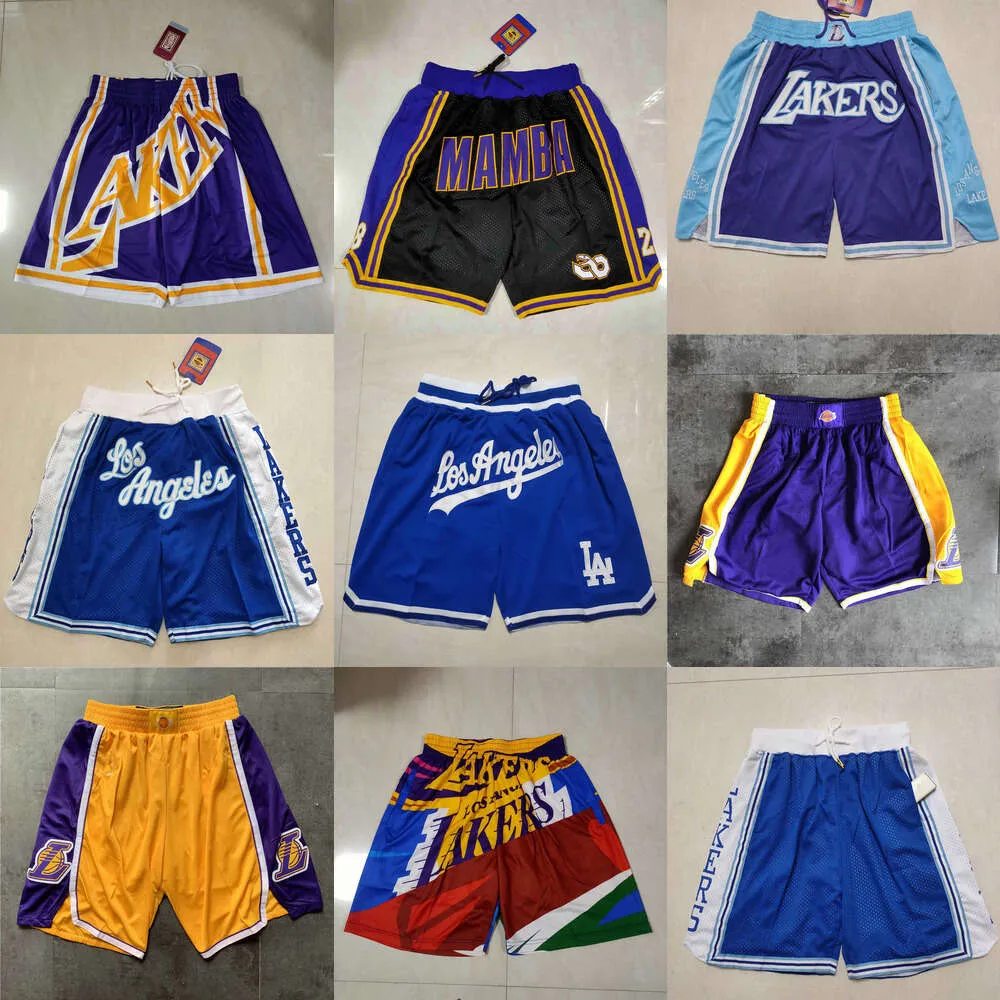 Shorts de basquete Los AngelesLakersmen Throwback com bolso roxo amarelo azul