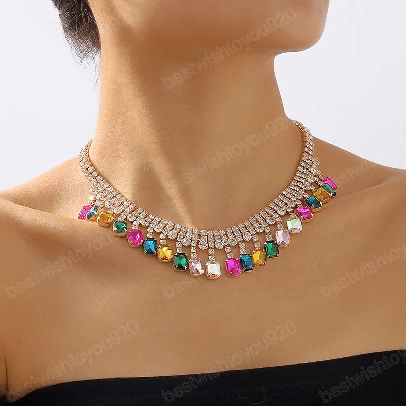 Collier ras du cou en cristal multicolore de luxe pour femmes, collier en strass, bijoux de fête de mariage