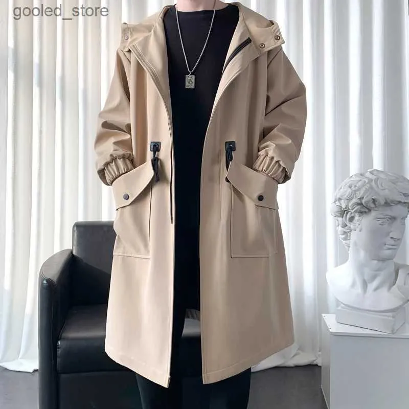 Herren Trenchcoats Trenchcoat Herren Neue Mode Mantel Männer Casual Slim Fit Windjacke Solide Langer Mantel Männlich Herbst Homme Schwarz/Khaki/Armee grün Q231118