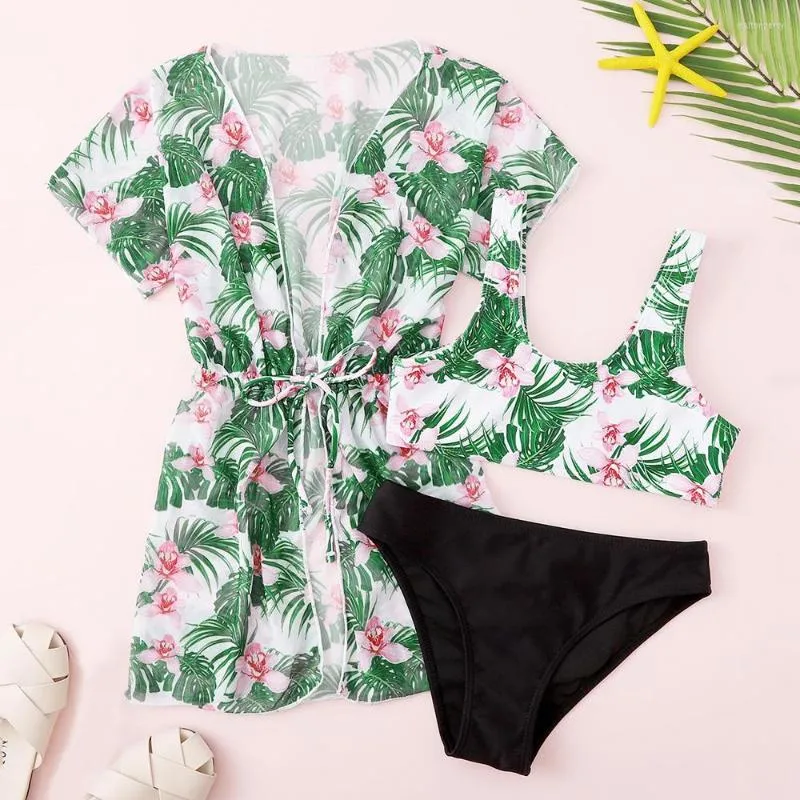 Menas de banho feminina Tropicalffloral Girls Bikini Swimsuit Kids com encobrimento de 3pcs Kimono de 7 a 14 anos de maiô adolescente