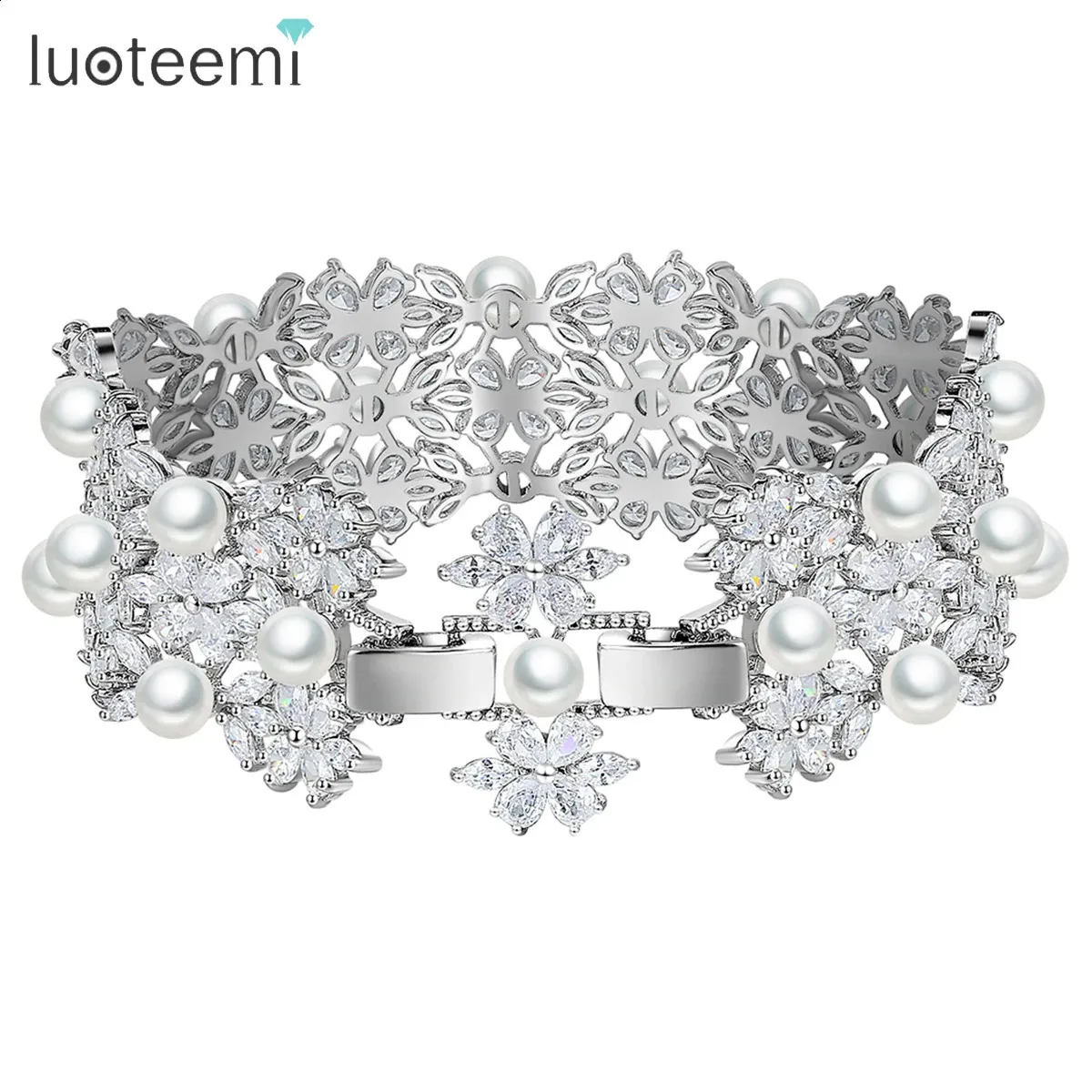 Cuff LUOTEEMI Multiple Imitation Pearl Beads Wide Luxury Bracelet for Women Flower Cubic Zircon Bangle for Bridal Wedding Accessories 231116