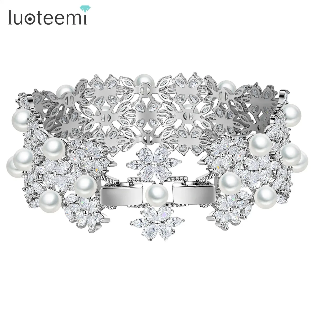 Cuff LUOTEEMI Múltipla Imitação de Pérolas Grande Pulseira de Luxo para Mulheres Flor Cubic Zircon Bangle para Acessórios de Casamento Nupcial 231116