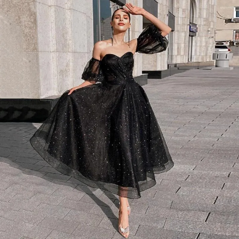 Robes de soirée Eeqasn noir paillettes Tulle Midi bal amovible manches courtes fille robes de retour femmes robe d'occasion formelle