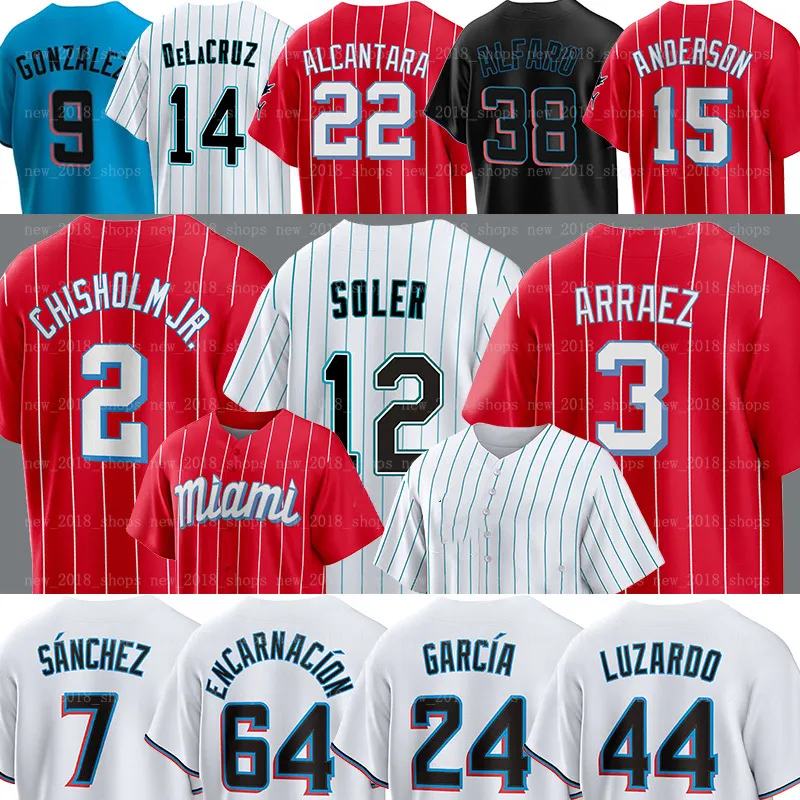 2 Jazzs Chisholm Jr. Honkbalshirts Marlins Nick Fortes Brian Anderson Bryan Miami De La Cruz Jorge Soler Luis Arraez Sandy Alcantara Jesus Sanchez Jon Berti