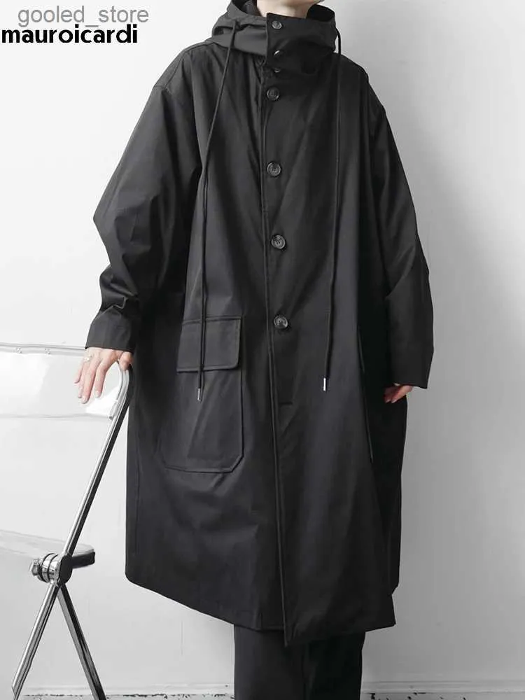 Trenchs pour hommes Mauroicardi printemps automne long noir kaki surdimensionné trench-coat hommes avec poches à capuche lâche coupe-vent coupe-vent décontracté 2023 Q231118