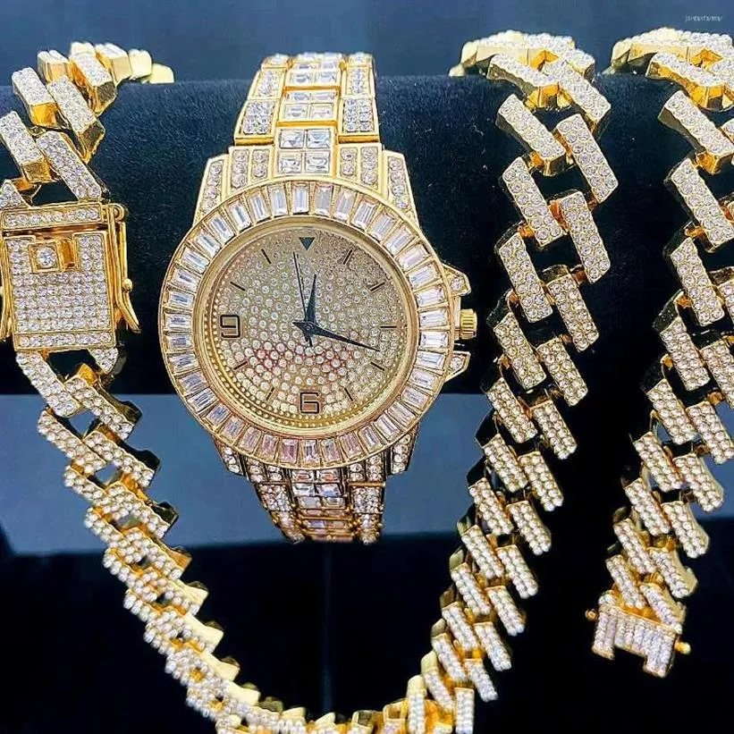 Chains 3PCS Men's Iced Out Chain Necklace Bracelet Watch Men Hip Hop 15MM Studded Large Heavy Gold Cuban Link Jewelry Set Wom218m