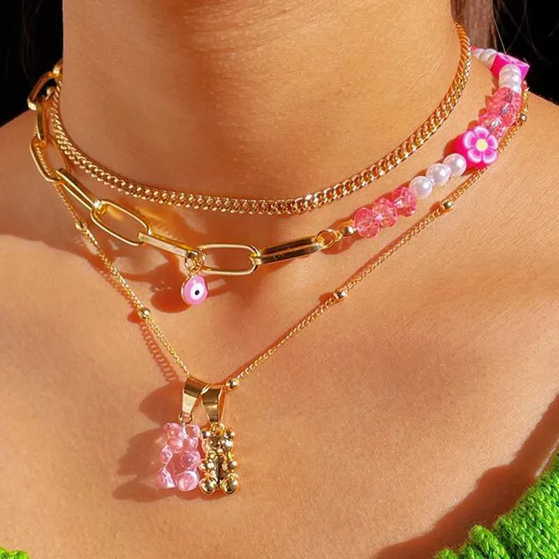 Hangende kettingen roze gomachtige beer parel kralen choker ketting voor vrouwen meerlagige asymmetrische bloem kralen metalen ketting ketting mode sieraden z0417