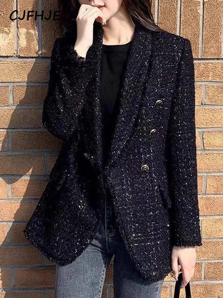 Abiti da donna Blazer CJFHJE Moda donna Tweed Doppio petto Blazer nero Cappotto Vintage Manica lunga Tasche con patta Capispalla femminile Abito chic Femme 231116