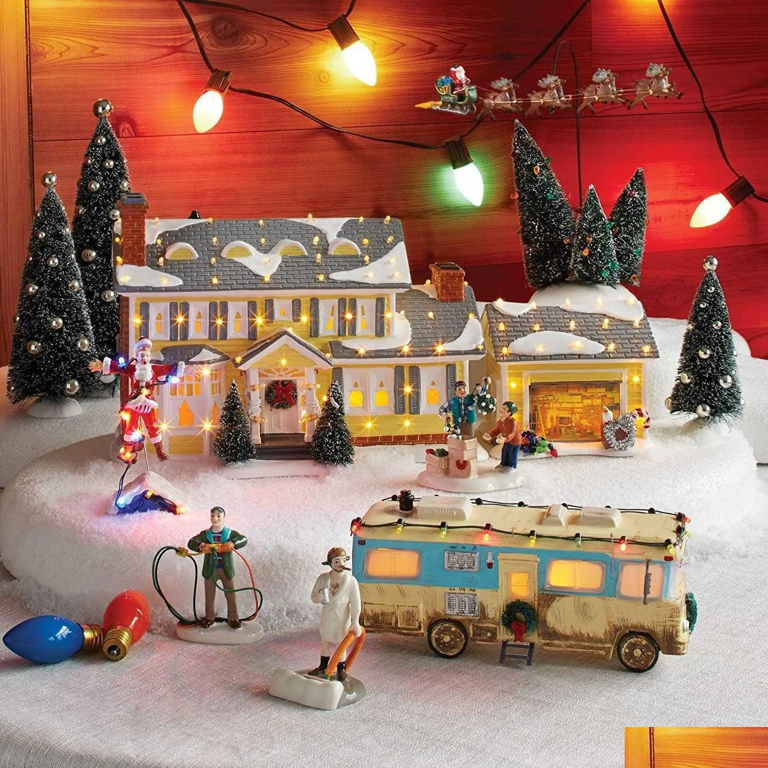 Christmas Decorations Brightly Lit Building Santa Claus Car House Village Holiday Garage Decoration Griswold Villa Home Desktop Figu Dhkqt