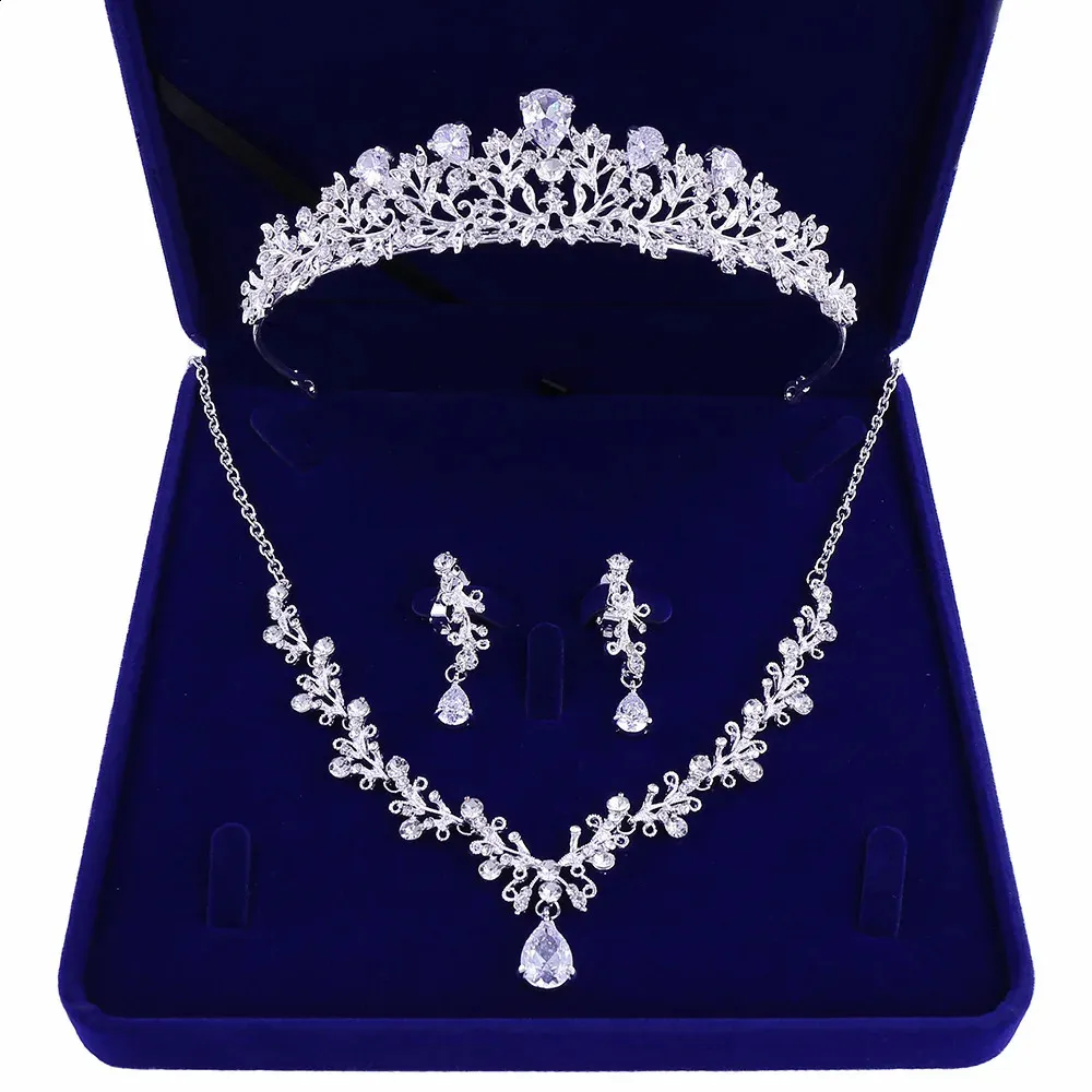 Wedding Jewelry Sets Luxury Crystal Leaf Bridal Rhinestone Crown Tiaras Necklace Earrings Set for Bride African Beads 231116