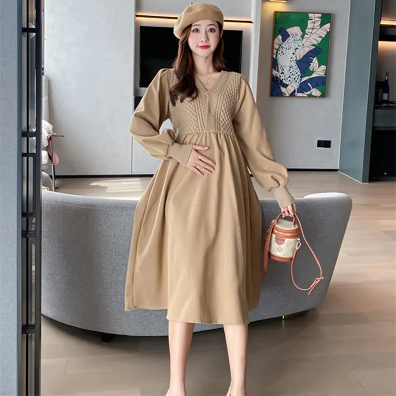 Moderskapsklänningar 2041# Autumn Winter Maternity Dress Elegant V Neck Slim A Line Loose Clothes For Pregnant Women Fashion Chic Ins Pregnancy Dress 230417