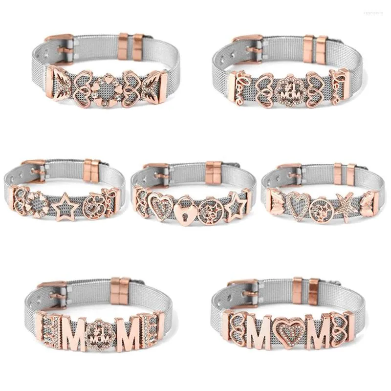 Bracelets porte-bonheur conception bicolore 10mm maille en acier inoxydable avec amour maman glisser perles pour les femmes mode bijoux cadeau