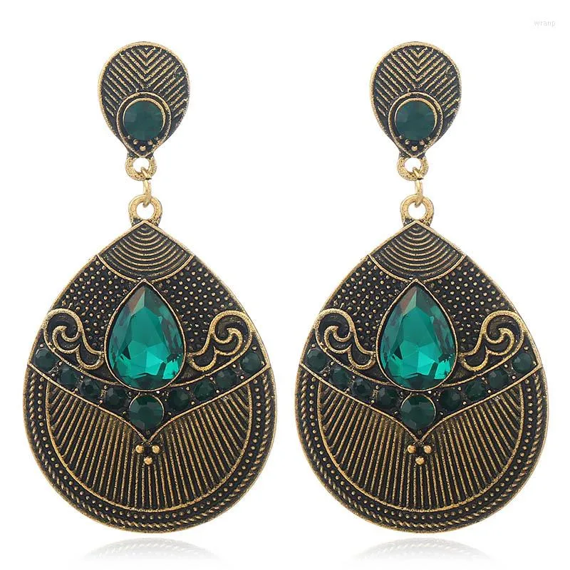 Kolczyki Dangle 2023 Vintage Bohemia Bronze Splated Big Green Stone Drop for Women Antique Exburgated Earring Ethic Jewelry Gift