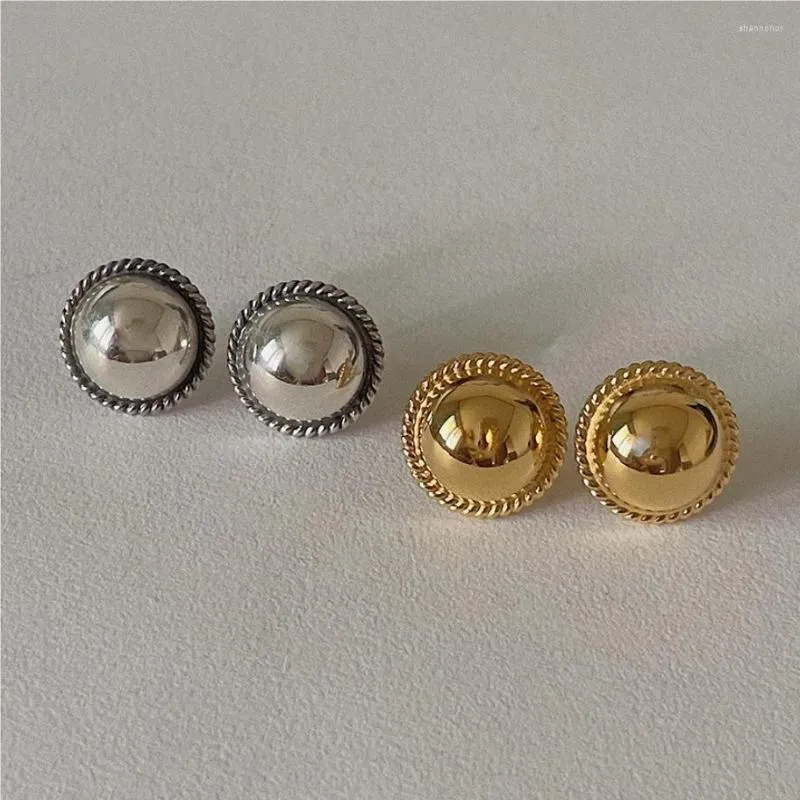 Stud -oorbellen Real 925 Sterling Silver voor vrouwen High Polishing Round Gouden Oordingen Koreaanse stijl eenvoudige minimalistische sieraden